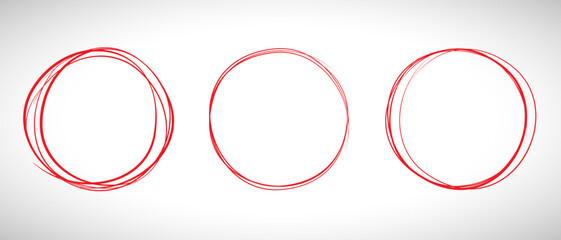 Red circle line hand drawn set. Highlight hand drawing circle isolated on background. Round handwritten red circle. For marking text, note, mark icon, number, marker pen, pencil and text check, vector