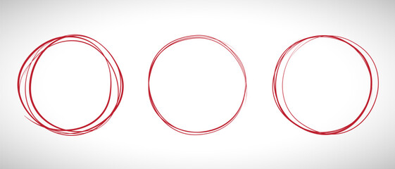Red circle line hand drawn set. Highlight hand drawing circle isolated on background. Round handwritten red circle. For marking text, note, mark icon, number, marker pen, pencil and text check, vector