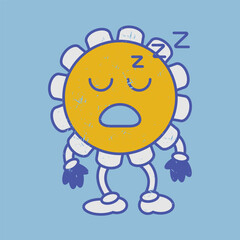 Sleeping retro chamomile flower emoji smile. Vintage naive emoticon.