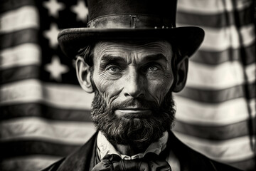 Portrait of Abraham Lincoln in a hat against the background of the flag of the United States of America. Generative AI