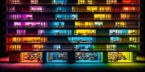 Appartmenthaus Bürohaus Abstrakt Surreal Frontalansicht Horizontal bei Nacht Generative AI Digital Art Illustration Kunst Hintergrund Background Cover Kunst 