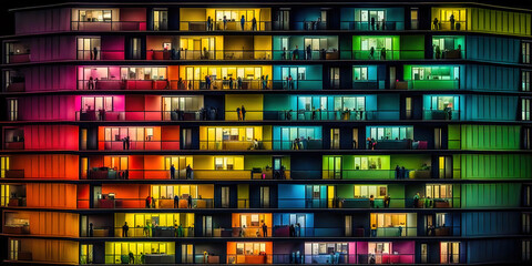 Appartmenthaus Bürohaus Abstrakt Surreal Frontalansicht Horizontal bei Nacht Generative AI Digital Art Illustration Kunst Hintergrund Background Cover Kunst 