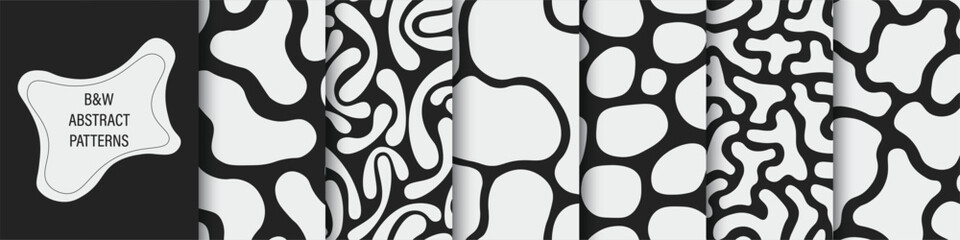 Collection of black and white seamless patterns with abstract shapes. Creative vector spot backgrounds. Drawing trendy monochrome endless textures
