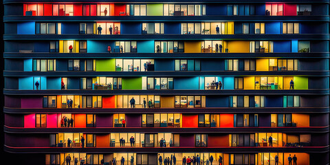 Appartmenthaus Bürohaus Abstrakt Surreal Frontalansicht Horizontal bei Nacht Generative AI Digital Art Illustration Kunst Hintergrund Background Cover Kunst 