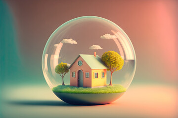Cute little house in 3D style under transparent dome. Generative AI - 568979492