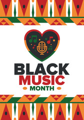 Black Music Month in June. African-American Music Appreciation Month. Celebrated annual in United States. Music concept. Poster, card, banner and background. Vector illustration