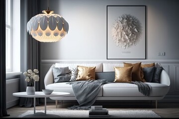 Modern minimalistic living room interior design, bright, white, gold and gray colours
