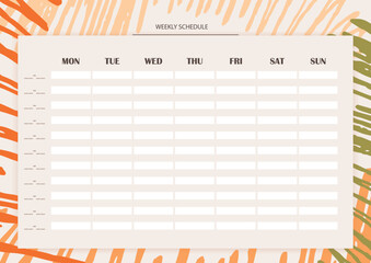 Weekly classes schedule or planner template in a minimalistic flat style with abstract elements. Happy, warm and bright colors. Week starts on Monday.	