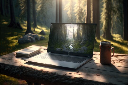 remote work outside hybrid work telecommuting teleconference work from anywhere remote office laptop computer solo alone outdoors woods trees nature forest flex work flexible distributed work mobile