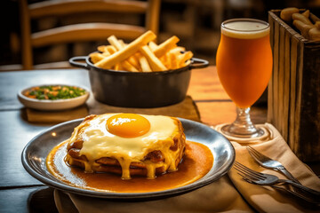 Francesinha - The Hearty and Delicious Flavors of Portuguese's Iconic Sandwich - Cultural Cuisine Masterpiece dish with Bread, Cheese, Pork, Ham, Sausages, Beer Sauce, and French Fries - Ai Generative