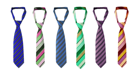 Strapped neckties in different colors, men's striped ties. Isolated on a trensparent background