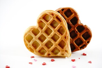 Homemade heart shaped waffles isolated on white background | Valentine heart waffles