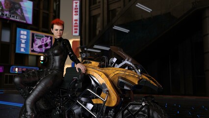 3d-illustration of a futuristic cyberpunk bike driven by a girl chased by the police © Ralf Kraft