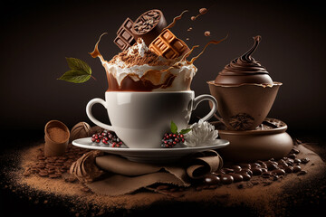 Delicious coffee cup with chocolate arrangement for product photography. Rich and aromatic. Ai generated