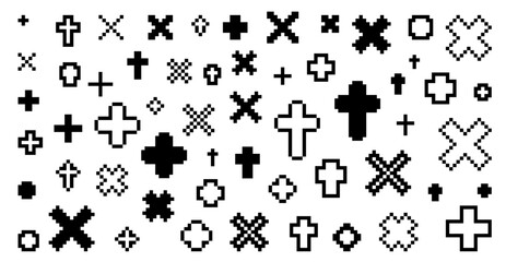 Pixel 8 bit cross vector set. collection of crosses. isolated + symbol pixelated icons. plus pixel art. Old PC gaming style. - obrazy, fototapety, plakaty