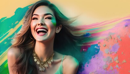 Laughing young woman on a colorful background. Generative AI