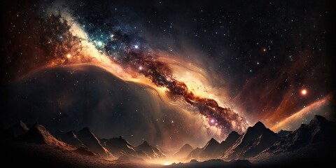 Fototapeta premium Fantasy landscape with stars and milky way on the sky. Generative AI