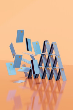 Blue credit / debit house of cards / pyramid. Debt / payment concept