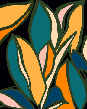 Vibrant Blue And Orange Abstract Ficus Plant Illustration