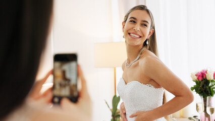 Smartphone photography of woman with wedding jewelry for luxury, fashion and wealth with smile...