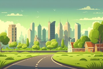cartoon illustration, urban landscape with green grass bushes, stone road and buildings, ai generative