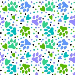 Cartoon animals seamless footprints dig and cat and polka dots and hearts pattern for wrapping paper and kids