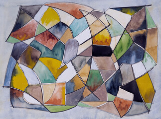 An abstract watercolor and ink painting formed by an irregular mesh.