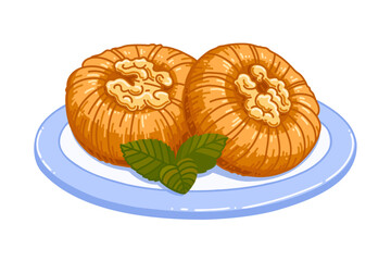 Sweet Turkish dessert baklava with walnut on plate. Vector food illustration on white background.