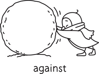 Preposition of place. Penguin against the snowball