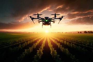 Drone flying monitoring plantation on smart farm. Modern agriculture, terrain scanning technology. AI generated