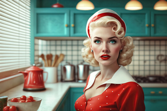 50s style beautiful blonde housewife cooking. Retro pin up style woman. Generative AI