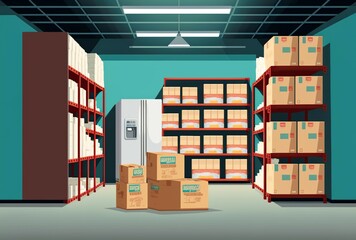 cartoon illustration, cold room in warehouse with cardboard boxes, ai generative