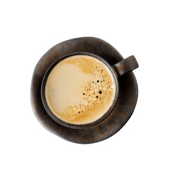 Vintage dark cup hot espresso coffee top view isolated on white background.