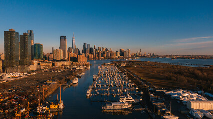 Top-down view of Jersey city, yachts and skyscrapers 