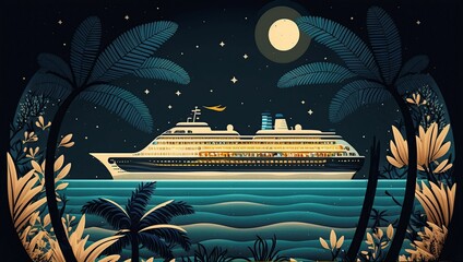 Obraz premium cartoon illustration, a cruise ship in the ocean at night, ai generative