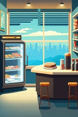 cartoon illustration, interior of a bar with furniture and snacks, ai generative