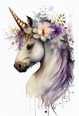 Watercolor unicorn, with flowers crown, great design print. Happy baby unicorn animal, gold horn, beautiful on white background. Funny beauty poster kids room. include "Generative AI"
