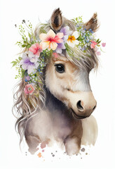 Beautiful watercolor horse, great design. Cute wildlife animal cartoon character drawing illustration. Fantasy colorful watercolor horse with flowers crown on white background.  include "Generative AI