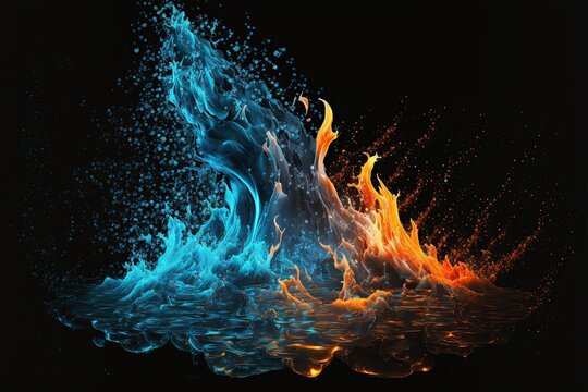 cartoon illustration, fire and water splash, generative, ai