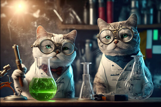 Created with Generative AI technology. Animal cats scientist making tests in lab inventing innovation in biology.