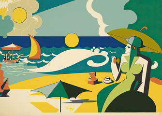 summer beach scene with sailing boat, generative ai illustration