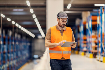 A warehouse supervisor is using tablet and headset for logistics in storage.