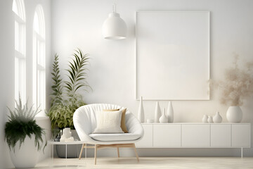 Fototapeta na wymiar Contemporary home design with white walls and large frame mockup. Light minimalist interior design. Generative AI.