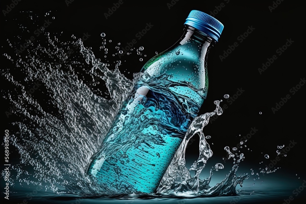 Poster lonely bottle of water with a splashing effect generative ai
