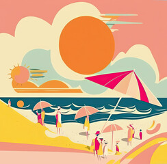 Fototapeta na wymiar Summer at the beach general illustration, as a postcard or poster, generative ai illustration in orange soft tones colors