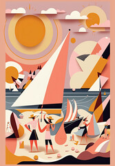 A sailing boat close to a beach, as a postcard or poster, generative ai illustration in orange soft tones colors