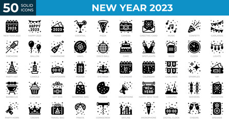 New year 2023 icons in solid style. Calendar, Confetti, Pizza. Solid icons collection. Holiday symbol. Vector illustration