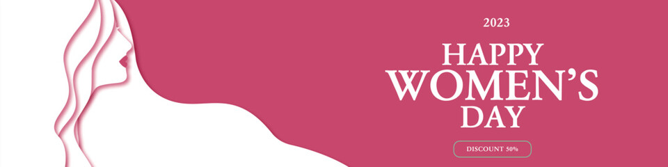 Banner 8 de marzo, ilustración vectorial del Día Internacional de la Mujer. Recorte de papel sobre fondo rosa. Diseño y texto editable. 