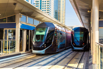 New modern tram in Dubai - obrazy, fototapety, plakaty