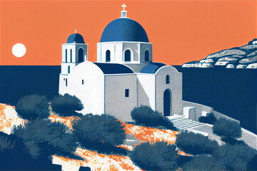 Blue and orange illustration of a typical Greek island landscape and buildings, generative AI